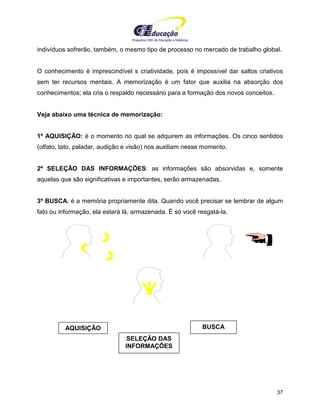 Programa CIEE de Educação a Distância
37
indivíduos sofrerão, também, o mesmo tipo de processo no mercado de trabalho global.
O conhecimento é imprescindível s criatividade, pois é impossível dar saltos criativos
sem ter recursos mentais. A memorização é um fator que auxilia na absorção dos
conhecimentos; ela cria o respaldo necessário para a formação dos novos conceitos.
Veja abaixo uma técnica de memorização:
1º AQUISIÇÃO: é o momento no qual se adquirem as informações. Os cinco sentidos
(olfato, tato, paladar, audição e visão) nos auxiliam nesse momento.
2º SELEÇÃO DAS INFORMAÇÕES: as informações são absorvidas e, somente
aquelas que são significativas e importantes, serão armazenadas.
3º BUSCA: é a memória propriamente dita. Quando você precisar se lembrar de algum
fato ou informação, ela estará lá, armazenada. É só você resgatá-la.
AQUISIÇÃO
SELEÇÃO DAS
INFORMAÇÕES
BUSCA
 
