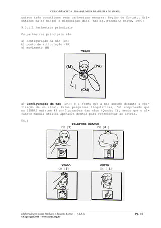 CURSO BÁSICO DA LIBRAS (LÍNGUA BRASILEIRA DE SINAIS)
___________________________________________________________________________________________
outros três constituem seus parâmetros menores: Região de Contato, Ori-
entação da(s) mão(s) e Disposição da(s) mão(s).(FERREIRA BRITO, 1990)

9.3.1.1 Parâmetros principais

Os parâmetros principais são:

a) configuração da mão (CM)
b) ponto de articulação (PA)
c) movimento (M)
                                               VELHO




a) Configuração da mão (CM): é a forma que a mão assume durante a rea-
lização de um sinal. Pelas pesquisas linguísticas, foi comprovado que
na LIBRAS existem 43 configurações das mãos (Quadro I), sendo que o al-
fabeto manual utiliza apenas26 destas para representar as letras.

Ex.:
                                           TELEFONE BRANCO
                                     CM [Y]              CM [B ]




                                  VEADO                      ONTEM
                                CM [5]                       CM [ L]




__________________________________________________________________________________________
Elaborado por Jonas Pacheco e Ricardo Estruc - V.11.01                              Pg. 16
©Copyright 2011 – www.surdo.org.br
 
