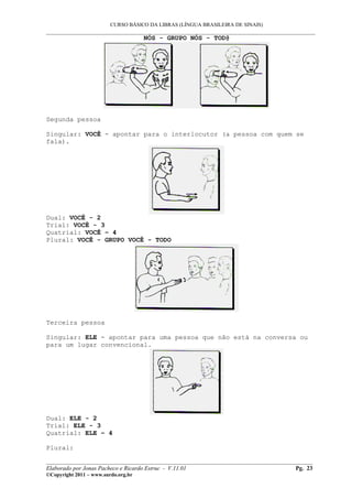 CURSO BÁSICO DA LIBRAS (LÍNGUA BRASILEIRA DE SINAIS)
___________________________________________________________________________________________
                                     NÓS - GRUPO NÓS - TOD@




Segunda pessoa

Singular: VOCÊ - apontar para o interlocutor (a pessoa com quem se
fala).




Dual: VOCÊ - 2
Trial: VOCÊ - 3
Quatrial: VOCÊ – 4
Plural: VOCÊ - GRUPO VOCÊ - TODO




Terceira pessoa

Singular: ELE - apontar para uma pessoa que não está na conversa ou
para um lugar convencional.




Dual: ELE - 2
Trial: ELE - 3
Quatrial: ELE – 4

Plural:

__________________________________________________________________________________________
Elaborado por Jonas Pacheco e Ricardo Estruc - V.11.01                              Pg. 23
©Copyright 2011 – www.surdo.org.br
 