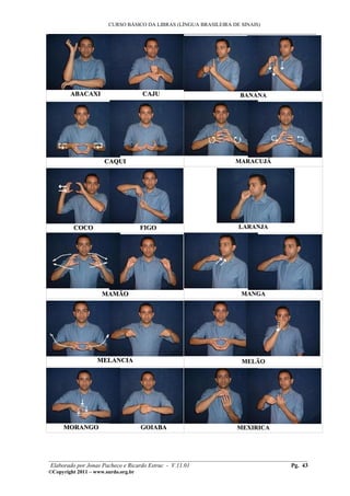 CURSO BÁSICO DA LIBRAS (LÍNGUA BRASILEIRA DE SINAIS)
___________________________________________________________________________________________




        ABACAXI                      CAJU                           BANANA




                      CAQUI                                       MARACUJÁ




         COCO                        FIGO                          LARANJA




                     MAMÃO                                          MANGA




                   MELANCIA                                         MELÃO




     MORANGO                         GOIABA                        MEXIRICA




________________________________________________________________________________________
 Elaborado por Jonas Pacheco e Ricardo Estruc - V.11.01                           Pg. 43
©Copyright 2011 – www.surdo.org.br
 