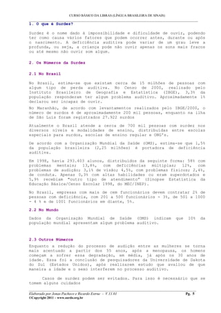 CURSO BÁSICO DA LIBRAS (LÍNGUA BRASILEIRA DE SINAIS)
___________________________________________________________________________________________
1. O que é Surdez?

Surdez é o nome dado à impossibilidade e dificuldade de ouvir, podendo
ter como causa vários fatores que podem ocorrer antes, durante ou após
o nascimento. A deficiência auditiva pode variar de um grau leve a
profunda, ou seja, a criança pode não ouvir apenas os sons mais fracos
ou até mesmo não ouvir som algum.

2. Os Números da Surdez

2.1 No Brasil

No Brasil, estima-se que existam cerca de 15 milhões de pessoas com
algum tipo de perda auditiva. No Censo de 2000, realizado pelo
Instituto Brasileiro de Geografia e Estatística (IBGE), 3,3% da
população responderam ter algum problema auditivo. Aproximadamente 1%
declarou ser incapaz de ouvir.
No Maranhão, de acordo com levantamentos realizados pelo IBGE/2000, o
número de surdos é de aproximadamente 200 mil pessoas, enquanto na ilha
de São Luís foram registrados 27.922 surdos

Atualmente o Brasil atende a cerca de 700 mil pessoas com surdez nos
diversos níveis e modalidades de ensino, distribuídas entre escolas
especiais para surdos, escolas de ensino regular e ONG's.

De acordo com a Organização Mundial da Saúde (OMS), estima-se que 1,5%
da população brasileira (2,25 milhões) é portadora de deficiência
auditiva.

Em 1998, havia 293.403 alunos, distribuídos da seguinte forma: 58% com
problemas mentais; 13,8%, com deficiências múltiplas; 12%, com
problemas de audição; 3,1% de visão; 4,5%, com problemas físicos; 2,4%,
de conduta. Apenas 0,3% com altas habilidades ou eram superdotados e
5,9% recebiam "outro tipo de atendimento” (Sinopse Estatística da
Educação Básica/Censo Escolar 1998, do MEC/INEP).

No Brasil, empresas com mais de cem funcionários devem contratar 2% de
pessoas com deficiência, com 201 a 500 funcionários - 3%, de 501 a 1000
- 4 % e de 1001 funcionários em diante, 5%.

2.2 No Mundo

Dados da Organização Mundial de Saúde (OMS) indicam                             que   10%     da
população mundial apresentam algum problema auditivo.



2.3 Outros Números
Enquanto a redução do processo de audição entre as mulheres se torna
mais acentuado a partir dos 55 anos, após a menopausa, os homens
começam a sofrer essa degradação, em média, já após os 30 anos de
idade. Essa foi a conclusão de pesquisadores da Universidade de Dakota
do Sul (Estados Unidos), após realizarem estudo que avaliou de que
maneira a idade e o sexo interferem no processo auditivo.

     Casos de surdez podem ser evitados. Para isso é necessário que se
tomem alguns cuidados
__________________________________________________________________________________________
Elaborado por Jonas Pacheco e Ricardo Estruc - V.11.01                              Pg. 5
©Copyright 2011 – www.surdo.org.br
 