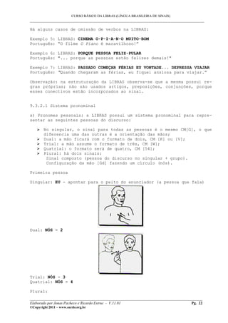 CURSO BÁSICO DA LIBRAS (LÍNGUA BRASILEIRA DE SINAIS)
___________________________________________________________________________________________
Há alguns casos de omissão de verbos na LIBRAS:
Exemplo 5: LIBRAS: CINEMA O-P-I-A-N-O MUITO-BOM
Português: “O filme O Piano é maravilhoso!”
Exemplo 6: LIBRAS: PORQUE PESSOA FELIZ-PULAR
Português: "... porque as pessoas estão felizes demais!"
Exemplo 7: LIBRAS: PASSADO COMEÇAR FÉRIAS EU VONTADE... DEPRESSA VIAJAR
Português: “Quando chegaram as férias, eu fiquei ansiosa para viajar.”
Observação: na estruturação da LIBRAS observa-se que a mesma possui re-
gras próprias; não são usados artigos, preposições, conjunções, porque
esses conectivos estão incorporados ao sinal.
9.3.2.1 Sistema pronominal
a) Pronomes pessoais: a LIBRAS possui um sistema pronominal para repre-
sentar as seguintes pessoas do discurso:
 No singular, o sinal para todas as pessoas é o mesmo CM[G], o que
diferencia uma das outras é a orientação das mãos;
 Dual: a mão ficará com o formato de dois, CM [K] ou [V];
 Trial: a mão assume o formato de três, CM [W];
 Quatrial: o formato será de quatro, CM [54];
 Plural: há dois sinais:
Sinal composto (pessoa do discurso no singular + grupo).
Configuração da mão [Gd] fazendo um círculo (nós).
Primeira pessoa
Singular: EU - apontar para o peito do enunciador (a pessoa que fala)
Dual: NÓS – 2
Trial: NÓS - 3
Quatrial: NÓS – 4
Plural:
__________________________________________________________________________________________
Elaborado por Jonas Pacheco e Ricardo Estruc - V.11.01 Pg. 22
©Copyright 2011 – www.surdo.org.br
 