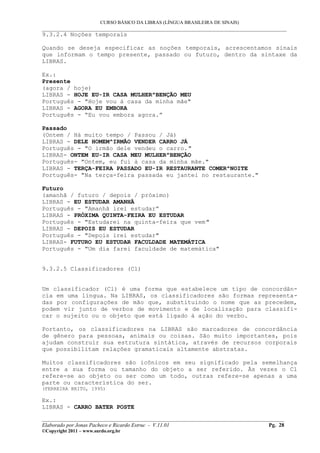 CURSO BÁSICO DA LIBRAS (LÍNGUA BRASILEIRA DE SINAIS)
___________________________________________________________________________________________
9.3.2.4 Noções temporais
Quando se deseja especificar as noções temporais, acrescentamos sinais
que informam o tempo presente, passado ou futuro, dentro da sintaxe da
LIBRAS.
Ex.:
Presente
(agora / hoje)
LIBRAS - HOJE EU-IR CASA MULHER^BENÇÃO MEU
Português - "Hoje vou à casa da minha mãe"
LIBRAS - AGORA EU EMBORA
Português - “Eu vou embora agora.”
Passado
(Ontem / Há muito tempo / Passou / Já)
LIBRAS - DELE HOMEM^IRMÃO VENDER CARRO JÁ
Português - "O irmão dele vendeu o carro."
LIBRAS- ONTEM EU-IR CASA MEU MULHER^BENÇÃO
Português- "Ontem, eu fui à casa da minha mãe."
LIBRAS - TERÇA-FEIRA PASSADO EU-IR RESTAURANTE COMER^NOITE
Português- "Na terça-feira passada eu jantei no restaurante."
Futuro
(amanhã / futuro / depois / próximo)
LIBRAS - EU ESTUDAR AMANHÃ
Português - "Amanhã irei estudar”
LIBRAS - PRÓXIMA QUINTA-FEIRA EU ESTUDAR
Português - "Estudarei na quinta-feira que vem"
LIBRAS - DEPOIS EU ESTUDAR
Português - "Depois irei estudar"
LIBRAS- FUTURO EU ESTUDAR FACULDADE MATEMÁTICA
Português - "Um dia farei faculdade de matemática"
9.3.2.5 Classificadores (Cl)
Um classificador (Cl) é uma forma que estabelece um tipo de concordân-
cia em uma língua. Na LIBRAS, os classificadores são formas representa-
das por configurações de mão que, substituindo o nome que as precedem,
podem vir junto de verbos de movimento e de localização para classifi-
car o sujeito ou o objeto que está ligado à ação do verbo.
Portanto, os classificadores na LIBRAS são marcadores de concordância
de gênero para pessoas, animais ou coisas. São muito importantes, pois
ajudam construir sua estrutura sintática, através de recursos corporais
que possibilitam relações gramaticais altamente abstratas.
Muitos classificadores são icônicos em seu significado pela semelhança
entre a sua forma ou tamanho do objeto a ser referido. Às vezes o Cl
refere-se ao objeto ou ser como um todo, outras refere-se apenas a uma
parte ou característica do ser.
(FERREIRA BRITO, 1995)
Ex.:
LIBRAS - CARRO BATER POSTE
__________________________________________________________________________________________
Elaborado por Jonas Pacheco e Ricardo Estruc - V.11.01 Pg. 28
©Copyright 2011 – www.surdo.org.br
 
