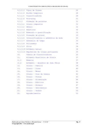 CURSO BÁSICO DA LIBRAS (LÍNGUA BRASILEIRA DE SINAIS)
___________________________________________________________________________________________
9.3.2.3 Tipos de frases 26
9.3.2.4 Noções temporais 28
9.3.2.5 Classificadores 28
9.3.2.6 Role-play 31
9.3.3 Formação de palavras 31
9.3.3.1 Sinais compostos 31
9.3.3.2 Gênero 32
9.3.3.3 Adjetivos 32
9.3.3.4 Numerais e quantificação 33
9.3.3.5 Formação de plural 33
9.3.3.6 Intensificadores e advérbios de modo 33
9.3.3.7 Advérbios de tempo 33
9.3.3.8 Polissemia 34
9.3.3.9 Gíria 34
9.3.3.10 Alfabeto manual 34
9.3.3.11 Empréstimo da língua portuguesa 35
10. Tabela de Classificadores 35
11. Alfabeto Brasileiro de Sinais 37
11.1 Números 37
11.2 Alfabeto – desenhos de João Félix 38
12. Sinais – Família 39
13. Sinais – Cores 40
14. Sinais – Meses 41
15. Sinais – Dias da Semana 42
16. Sinais – Frutas 43
17. Sinais – Alimentação 44
18. Sinais – Bíblicos 46
19. Sinais – Animais 47
20. Sinais – Sentimentos 49
21. Sinais – Verbos 50
22. Agradecimentos 55
__________________________________________________________________________________________
Elaborado por Jonas Pacheco e Ricardo Estruc - V.11.01 Pg. 3
©Copyright 2011 – www.surdo.org.br
 