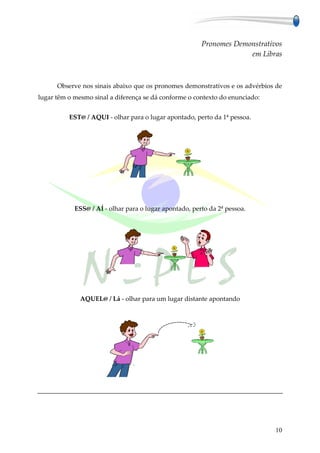 Pronomes Demonstrativos
                                                                     em Libras



      Observe nos sinais abaixo que os pronomes demonstrativos e os advérbios de
lugar têm o mesmo sinal a diferença se dá conforme o contexto do enunciado:


          EST@ / AQUI - olhar para o lugar apontado, perto da 1ª pessoa.




            ESS@ / AÍ - olhar para o lugar apontado, perto da 2ª pessoa.




              AQUEL@ / Lá - olhar para um lugar distante apontando




                                                                              10
 