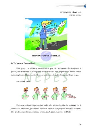 ESTUDO DA LÍNGUA 7
                                                                    E vento levou...




                         TIPOS DE VERBOS EM LIBRAS



1 - Verbos sem Concordância

      Esse grupo de verbos é caracterizado por não apresentar flexão quanto à
pessoa, eles também não incorporam instrumentos e nem argumentos. São os verbos
mais simples em libras. Muitos deles apresentam a locação do sinal junto ao corpo.


      São verbos como:




      Um fato curioso é que muitos deles são verbos ligados às emoções ou à
capacidade intelectual, justamente por esses terem a locação junto ao corpo na libras.
Eles geralmente estão associados a apontação. Veja os exemplos no DVD.




                                                                                     34
 