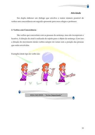 Atividade

      Em dupla elaborar um diálogo que envolva o maior número possível de
verbos sem concordância em seguida apresente para seus colegas e professor.



2- Verbos com Concordância

      São verbos que concordam com as pessoas da sentença, mas não incorporam o
locativo. A direção do sinal é realizada do sujeito para o objeto da sentença. Com isso
a direção do movimento destes verbos sempre irá variar com a posição das pessoas
que estão envolvidas.



Exemplos deste tipo de verbo são:




                        VEJA NO DVD – “Aviso Importante”




                                                                                    35
 