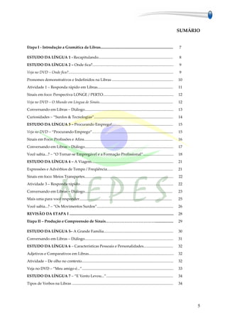 SUMÁRIO


Etapa I - Introdução a Gramática da Libras............................................................................                   7

ESTUDO DA LÍNGUA 1 - Recapitulando..............................................................................                         8
ESTUDO DA LÍNGUA 2 – Onde fica?.....................................................................................                     9
Veja no DVD – Onde fica?..............................................................................................................   9
Pronomes demonstrativos e Indefinidos na Libras ................................................................                         10
Atividade 1 – Responda rápido em Libras...............................................................................                   11
Sinais em foco: Perspectiva LONGE / PERTO..........................................................................                      12
Veja no DVD – O Mundo em Língua de Sinais.............................................................................                   12
Conversando em Libras – Diálogo.............................................................................................             13
Curiosidades – “Surdos & Tecnologias”...................................................................................                 14
ESTUDO DA LÍNGUA 3 – Procurando Emprego!................................................................                                 15
Veja no DVD – “Procurando Emprego”……………………….................................................                                             15
Sinais em Foco: Profissões e Afins.............................................................................................          16
Conversando em Libras – Diálogo.............................................................................................             17
Você sabia...? – “O Tornar-se Empregável e a Formação Profissional”................................                                      18
ESTUDO DA LÍNGUA 4 – A Viagem......................................................................................                      21
Expressões e Advérbios de Tempo / Freqüência.....................................................................                        21
Sinais em foco: Meios Transportes.............................................................................................           22
Atividade 3 – Responda rápido……………………………………………………..................                                                                      22
Conversando em Libras – Diálogo............................................................................................              23
Mais uma para você responder.................................................................................................            25
Você sabia...? – “Os Movimentos Surdos”................................................................................                  26
REVISÃO DA ETAPA I .............................................................................................................         28
Etapa II – Produção e Compreensão de Sinais…………………………………...................                                                              29

ESTUDO DA LÍNGUA 5– A Grande Família.........................................................................                            30
Conversando em Libras – Diálogo.............................................................................................             31
ESTUDO DA LÍNGUA 6 – Características Pessoais e Personalidades...............................                                            32
Adjetivos e Comparativos em Libras.........................................................................................              32
Atividade – De olho no contexto................................................................................................          32
Veja no DVD – “Meu amigo é...”................................................................................................           33
ESTUDO DA LÍNGUA 7 – “E Vento Levou...”......................................................................                            34
Tipos de Verbos na Libras ..........................................................................................................     34




                                                                                                                                               5
 