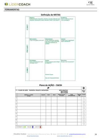 14Claudine Hudson Master Executive Coach e Performance de Talentos  Celular: (35) 9 9979-2774  contato@claudinehudson.com.br
@coachclaudinehudson wwww.claudinehudson.com.br
FERRAMENTAS
Definição de METAS
Plano de AÇÃO – 5W2H
 