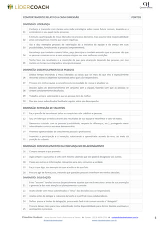 5Claudine Hudson Master Executive Coach e Performance de Talentos  Celular: (35) 9 9979-2774  contato@claudinehudson.com.br
@coachclaudinehudson wwww.claudinehudson.com.br
COMPORTAMENTO RELATIVO A CADA DIMENSÃO PONTOS
DIMENSÃO: LIDERANÇA
01
Conheço e transmito com clareza uma visão estratégica sobre nosso futuro comum, levando-as a
entenderem o seu papel neste processo.
02
Estimulo a participação de meus liderados no processo decisório, mas assumo total responsabilidade
pelas consequências mesmo que sejam negativas.
03
Ajo e dou exemplos pessoais de valorização da a iniciativa da equipe e da crença em suas
possibilidades, fortalecendo as pessoas (empowerment).
04
Reconheço que também cometo falhas, peço desculpas e também entendo que as pessoas são que
as pessoas cometam erros e nem sempre estejam nas suas melhores condições.
05
Tenho foco nos resultados e a convicção de que para alcançá-lo dependo das pessoas, por isso
invisto um tempo na integração e sinergia da equipe.
DIMENSÃO: DESENVOLVIMENTO DE PESSOAS
06
Dedico tempo ensinando a meus liderados as coisas que sei mais do que eles e especialmente
deixando claros os objetivos e processos pelos quais são responsáveis.
07 Provoco em minha equipe a consciência da necessidade de inovar e atualizar-se.
08
Discuto ações de desenvolvimento em conjunto com a equipe, fazendo com que as pessoas se
sintam constantemente desafiadas.
09 Trabalho sempre valorizando o que as pessoas tem de melhor.
10 Dou aos meus subordinados feedbacks regular sobre seu desempenho.
DIMENSÃO: RETENÇÃO DE TALENTOS
11 Faço questão de reconhecer todas as conquistas e dar créditos as pessoas.
12 Sou um líder que se realiza através dos resultados de sua equipe e reconhece o valor de todos.
13
Demonstro cuidado com as pessoas (cordialidade, respeito às diferenças, etc.), protegendo meus
subordinados contra o estresse desnecessário.
14 Promovo oportunidades de crescimento pessoal e profissional.
15
Incentivo a participação e a inovação, valorizando o aprendizado através do erro, ao invés da
punição do culpado.
DIMENSÃO: DESENVOLVIMENTO DA CONFIANÇA NO RELACIONAMENTO
16 Cumpro sempre o que prometo.
17 Digo sempre o que penso e sinto sem mesmo sabendo que isto poderá desagradar aos outros.
18 Passo aos outros as informações relevantes para eles, comunico a verdade.
19 Faço o que digo, sou exemplo do que acredito e do que falo.
20 Procuro agir de forma justa, evitando que questões pessoais interfiram em minhas decisões.
DIMENSÃO: DELEGAÇÃO
21
Evito “assumir” tarefas técnicas (especialmente aquelas que você executava antes de sua promoção
a gerente) e dar mais atenção ao planejamento e controle.
22 Aceito dividir com meus subordinados o “ônus” das decisões (sou co-responsável).
23 Analiso antes de delegar a natureza da tarefa e o perfil de meus colaboradores.
24 Defino prazos e limites da delegação, procurando fazê-lo de comum acordo o “delegado”.
25
Procuro deixar claro para meu subordinado minha disponibilidade para dirimir dúvidas eventuais e
acompanho o processo.
 
