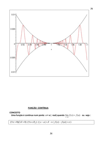 31




                  FUNÇÃO CONTÍNUA

CONCEITO
 Uma função é contínua num ponto x = a ( real) quando lim f ( x)          f (a ) ou seja :
                                                             x    a


(     0)(     0) ( x D f ) ( | x a |         | f ( x)   f (a) |       )



                                        31
 