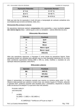 UFU – Universidade Federal de Uberlândia Faculdade de Computação 
Expressões Reduzidas Expressões Normais 
C *= 2; 
C = C * 2; 
D /= 7; 
D = D / 7; 
E %= 3; 
E = E % 3; 
Note que este tipo de expressão é muito útil para a manipulação de variáveis contadoras e/ou acumuladoras (que envolve somatórias, totais, etc.). 
OPERADORES RELACIONAIS E LÓGICOS 
Os operadores relacionais realizam comparações entre expressões, e seus resultados sempre são valores lógicos (falso – valores iguais a zero ou verdadeiro – valores diferentes de zero). 
OPERADORES RELACIONAIS 
Operador 
Finalidade 
== 
Igual 
> 
Maior 
< 
Menor 
>= 
Maior e igual 
<= 
Menor e igual 
!= 
Diferente 
Além dos operadores relacionais, a linguagem C ainda dispõe de operadores lógicos. Estes operadores podem ser utilizados para agrupar duas ou mais operações relacionais em um único teste condicional (operadores binários AND e OR) ou, ainda, modificar o resultado de uma operação relacional (operador unário NOT). 
OPERADORES LÓGICOS 
Operador 
Finalidade 
&& 
AND (E) 
|| 
OR (OU) 
! 
NOT (NÃO) 
Abaixo é apresentado um programa exemplo que imprime os números pares entre 1 e 100. Observe neste exemplo que, quando o número é par, seu módulo é igual a 0. Portanto, utilizando o operador NOT, podemos converter este resultado para 1 (verdadeiro), disparando a cláusula então da estrutura de seleção IF (a qual será vista mais adiante). 
# include <stdio.h> 
void main(void) 
{ 
int NRO; 
for (NRO = 1; NRO <= 100; NRO++) 
{ 
Prof. Luiz Gustavo Almeida Martins Pág.: 17/82 
If ( !(NRO%2)) /* Verifica se o Nº é par ou ímpar */  