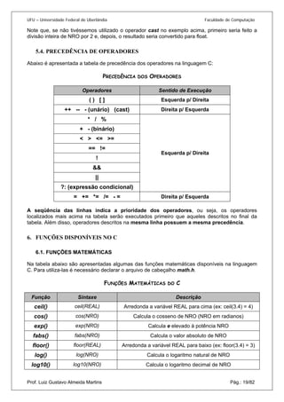 UFU – Universidade Federal de Uberlândia Faculdade de Computação 
Note que, se não tivéssemos utilizado o operador cast no exemplo acima, primeiro seria feito a divisão inteira de NRO por 2 e, depois, o resultado seria convertido para float. 
5.4. 
PRECEDÊNCIA DE OPERADORES 
Abaixo é apresentada a tabela de precedência dos operadores na linguagem C: 
PRECEDÊNCIA DOS OPERADORES 
Operadores 
Sentido de Execução 
( ) [ ] 
Esquerda p/ Direita 
++ -- - (unário) (cast) 
Direita p/ Esquerda 
* / % 
+ - (binário) 
< > <= >= 
== != 
! 
&& 
|| 
?: (expressão condicional) 
Esquerda p/ Direita 
= += *= /= - = 
Direita p/ Esquerda 
A seqüência das linhas indica a prioridade dos operadores, ou seja, os operadores localizados mais acima na tabela serão executados primeiro que aqueles descritos no final da tabela. Além disso, operadores descritos na mesma linha possuem a mesma precedência. 
6. 
FUNÇÕES DISPONÍVEIS NO C 
6.1. 
FUNÇÕES MATEMÁTICAS 
Na tabela abaixo são apresentadas algumas das funções matemáticas disponíveis na linguagem C. Para utiliza-las é necessário declarar o arquivo de cabeçalho math.h. 
FUNÇÕES MATEMÁTICAS DO C 
Prof. Luiz Gustavo Almeida Martins Pág.: 19/82 
Função 
Sintaxe 
Descrição 
ceil() 
ceil(REAL) 
Arredonda a variável REAL para cima (ex: ceil(3.4) = 4) 
cos() 
cos(NRO) 
Calcula o cosseno de NRO (NRO em radianos) 
exp() 
exp(NRO) 
Calcula e elevado à potência NRO 
fabs() 
fabs(NRO) 
Calcula o valor absoluto de NRO 
floor() 
floor(REAL) 
Arredonda a variável REAL para baixo (ex: floor(3.4) = 3) 
log() 
log(NRO) 
Calcula o logaritmo natural de NRO 
log10() 
log10(NRO) 
Calcula o logaritmo decimal de NRO  