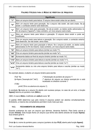 UFU – Universidade Federal de Uberlândia Faculdade de Computação 
V 
ALORES VÁLIDOS PARA O MODO DE ABERTURA DE ARQUIVOS 
Modo 
Significado 
Abre um arquivo texto para leitura. O arquivo deve existir antes de ser aberto. 
"r" 
Abrir um arquivo texto para gravação. Se o arquivo não existir, ele será criado. Se já existir, o conteúdo anterior será destruído. 
"w" 
Abrir um arquivo texto para gravação. Se ele já existir, os dados serão adicionados no fim do arquivo ("append"). Caso contrário, um novo arquivo será criado. 
"a" 
Abre um arquivo texto para leitura e gravação. O arquivo deve existir e pode ser modificado. 
"r+" 
Cria um arquivo texto para leitura e gravação. Se o arquivo existir, o conteúdo anterior será destruído. Se não existir, será criado. 
"w+" 
Abre um arquivo texto para gravação e leitura. Se o arquivo já existir, os dados serão adicionados no fim do mesmo. Caso contrário, um novo arquivo será criado. 
"a+" 
Abre um arquivo binário para leitura (similar ao modo "r"). 
"rb" 
Cria um arquivo binário para escrita (similar ao modo "w"). 
"wb" 
Acrescenta dados ao final do arquivo binário (similar ao modo "a"). 
"ab" 
Abre um arquivo binário para leitura e escrita (similar ao modo "r+"). 
"r+b" 
Cria um arquivo binário para leitura e escrita (similar ao modo "w+") 
"w+b" 
Acrescenta dados ou cria uma arquivo binário para leitura e escrita (similar ao modo "a+"). 
"a+b" 
No exemplo abaixo, é aberto um arquivo binário para escrita: 
FILE *fp; /* Declaração do ponteiro de arquivo */ 
fp=fopen ("exemplo.bin","wb"); /* abertura do arquivo se chama exemplo.bin e está localizado no diretório corrente */ 
if (!fp) 
printf ("Erro na abertura do arquivo."); 
A condição !fp testa se o arquivo foi aberto com sucesso porque, no caso de um erro, a função fopen() retorna um ponteiro nulo (NULL). 
OBS: A macro NULL é definida em stdio.h como ‘0’. 
O padrão ANSI determina que pelo menos 8 arquivos podem ser abertos simultaneamente. Entretanto, a maioria dos compiladores permitem muito mais que isso. 
14.3. FECHAMENTO DE ARQUIVOS 
Quand 
o acabamos de usar um arquivo que abrimos, devemos fechá-lo. Para tanto usa-se a função fclose(). Esta função fecha um arquivo que tenha sido aberto através da função fopen(). Sua sintaxe geral é: 
fclose (fp); 
Prof. Luiz Gustavo Almeida Martins Pág.: 58/82 
Onde fp é o nome do ponteiro para o arquivo (ponteiro do tipo FILE) aberto pela função fopen().  