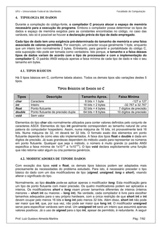 UFU – Universidade Federal de Uberlândia Faculdade de Computação 
4. 
TIPOLOGIA DE DADOS 
Durante a compilação do código-fonte, o compilador C procura alocar o espaço de memória necessário para a execução do programa. Embora o compilador possa determinar os tipos de dados e espaço de memória exigidos para as constantes encontradas no código, no caso das variáveis, isto só é possível se houver a declaração prévia do tipo de dado empregado. 
Cada tipo de dado tem uma exigência pré-determinada do tamanho de memória e uma faixa associada de valores permitidos. Por exemplo, um caracter ocupa geralmente 1 byte, enquanto que um inteiro tem normalmente 2 bytes. Entretanto, para garantir a portabilidade do código C, esta suposição não pode ser tomada como verdadeira. Isto porque, o tamanho e a faixa desses tipos de dados variam de acordo com o tipo de processador e com a implementação do compilador C. O padrão ANSI estipula apenas a faixa mínima de cada tipo de dado e não o seu tamanho em bytes. 
4.1. 
TIPOS BÁSICOS 
Há 5 tipos básicos em C, conforme tabela abaixo. Todos os demais tipos são variações destes 5 tipos. 
TIPOS BÁSICOS DE DADOS DO C 
Tipos 
Descrição 
Tamanho Aprox. 
Faixa Mínima 
char 
Caractere 
8 bits = 1 byte 
-127 a 127 
int 
Inteiro 
16 bits = 2 bytes 
-32.767 a 32.767 
float 
Ponto flutuante 
32 bits = 4 bytes 
7 dígitos de precisão 
double 
Ponto flutuante de precisão dupla 
64 bits = 8 bytes 
10 dígitos de precisão 
void 
Sem valor 
Elementos do tipo char são normalmente utilizados para conter valores definidos pelo conjunto de caracteres ASCII. Elementos do tipo int geralmente correspondem ao tamanho natural de uma palavra do computador hospedeiro. Assim, numa máquina de 16 bits, int provavelmente terá 16 bits. Numa máquina de 32, int deverá ter 32 bits. O formato exato dos elementos em ponto flutuante depende de como eles são implementados. A faixa dos tipos float e double é dada em dígitos de precisão. Já suas grandezas dependem do método usado para representar os números em ponto flutuante. Qualquer que seja o método, o número é muito grande (o padrão ANSI especifica a faixa mínima de 1x10-37 a 1x10+37). O tipo void declara explicitamente uma função que não retorna valor algum ou cria ponteiros genéricos. 
4.2. 
MODIFICADORES DE TIPODE DADOS 
Com exceção dos tipos void e float, os demais tipos básicos podem ser adaptados mais precisamente às necessidades do problema estudado. Para isto, é necessário preceder o tipo básico do dado com um dos modificadores de tipo (signed, unsigned, long e short), visando alterar o significado do tipo. 
Prof. Luiz Gustavo Almeida Martins Pág.: 7/82 
Normalmente, ao tipo double pode-se aplicar apenas o modificador long. Esta modificação gera um tipo de ponto flutuante com maior precisão. Os quatro modificadores podem ser aplicados a inteiros. Os modificadores short e long visam prover tamanhos diferentes de inteiros (inteiros menores – short int ou maiores – long int). Na verdade, cada compilador é livre para escolher tamanhos adequados para o seu próprio hardware, com a única restrição de que short int e int devem ocupar pelo menos 16 bits e long int pelo menos 32 bits. Além disso, short int não pode ser maior que int, que, por sua vez, não pode ser maior que long int. O modificador unsigned serve para especificar variáveis sem sinal. Um unsigned int será um inteiro que assumirá apenas valores positivos. Já o uso de signed para o tipo int, apesar de permitido, é redundante. A seguir  