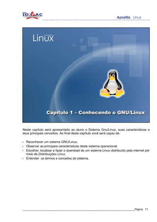 Neste capítulo será apresentado ao aluno o Sistema Gnu/Linux, suas características e
seus principais conceitos. Ao final deste capítulo você será capaz de:

•   Reconhecer um sistema GNU/Linux.
•   Observar as principais características deste sistema operacional.
•   Escolher, localizar e fazer o download de um sistema Linux distribuído pela internet por
    meio de Distribuições Linux.
•   Entender os termos e conceitos do sistema.




_____________________________________________________________________________Página 11
 