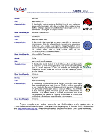 Nome:                  Red Hat
Site:                  www.redhat.org
Característica:        A distribuição norte americana Red Hat Linux é bem conhecida
                       pelos profissionais pois além de ser antiga, é bem documentada
                       de fácil utilização e pode ser usada tanto em Desktops quanto em
                       Servidores. Deu origem ao projeto Fedora.
Nível de utilização:   Iniciante / Intermediário.

Nome:                  Slackware
Site:                  www.slackware.com
Característica:        A distribuição Slackware já é um pouco mais difícil, a maioria das
                       configurações dela são feitas editando manualmente arquivos de
                       texto, isto é um pesadelo para iniciantes mas por outro lado torna-
                       se uma distribuição extremamente customizável, proporcionando
                       um contato direto com o Linux Grande parte de sua
                       documentação encontra-se em inglês.
Nível de utilização:   Intermediário / Avançado.

Nome:                  SuSe
Site:                  www.novell.com/linux/suse/
Característica:        A distribuição alemã SuSe é de fácil utilização, tem grande suporte
                       à hardware. È uma distribuição ideal para quem está começando
                       pois é muito amigável e tem um sistema de instalação de
                       programas robusto. Pode ser utilizada tanto em Desktops quanto
                       em Servidores
Nível de utilização:   Iniciante.

Nome:                  Kurumin
Site:                  www.kurumin.org
Característica:        A distribuição brasileira Kurumin é de fácil utilização e tem como
                       foco o usuário iniciante, roda direto do CD-Rom e não é necessária
                       a sua instalação. Eu recomendo pessoalmente que seja utilizada só
                       em primeiros contatos com o Linux pois sua utilização fica limitada
                       à sua interface gráfica. Usuários que já tem conhecimento no
                       sistema Linux podem utilizar o console de comando mas suas
                       dependências de pacotes e conflitos de hardware a tornam uma
                       distribuição não indicada para utilização à longo prazo.
Nível de utilização:   Iniciante.


        Foram mencionadas acima somente as distribuições mais conhecidas e
comentadas nos últimos tempos, uma boa fonte de pesquisa à demais distribuições é no
site http://www.linuxiso.org, onde também serão encontradas seus CD´s para download.




_____________________________________________________________________________Página 14
 
