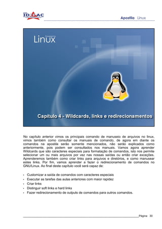 No capítulo anterior vimos os principais comando de manuseio de arquivos no linux,
vimos também como consultar os manuais de comando, de agora em diante os
comandos na apostila serão somente mencionados, não serão explicados como
anteriormente, pois podem ser consultados nos manuais. Vamos agora aprender
Wildcards que são caracteres especiais para formatação de comandos, isto nos permite
selecionar um ou mais arquivos por vez nas nossas saídas ou então criar exceções.
Aprenderemos também como criar links para arquivos e diretórios, e como manusear
estes links. Por fim, vamos aprender a fazer o redirecionamento de comandos no
GNU/Linux. Ao final deste capítulo você será capaz de:

•   Customizar a saída de comandos com caracteres especiais
•   Executar as tarefas das aulas anteriores com maior rapidez
•   Criar links
•   Distinguir soft links e hard links
•   Fazer redirecionamento de outputs de comandos para outros comandos.




_____________________________________________________________________________Página 30
 