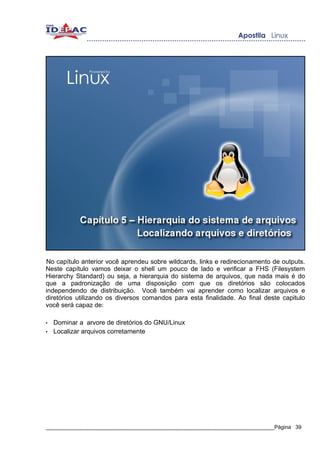 No capítulo anterior você aprendeu sobre wildcards, links e redirecionamento de outputs.
Neste capítulo vamos deixar o shell um pouco de lado e verificar a FHS (Filesystem
Hierarchy Standard) ou seja, a hierarquia do sistema de arquivos, que nada mais é do
que a padronização de uma disposição com que os diretórios são colocados
independendo de distribuição. Você também vai aprender como localizar arquivos e
diretórios utilizando os diversos comandos para esta finalidade. Ao final deste capitulo
você será capaz de:

•   Dominar a arvore de diretórios do GNU/Linux
•   Localizar arquivos corretamente




_____________________________________________________________________________Página 39
 