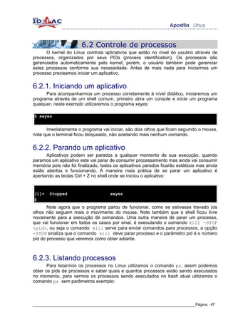 6.2 Controle de processos
      O kernel do Linux controla aplicativos que estão no nível do usuário através de
processos, organizados por seus PIDs (process identification). Os processos são
gerenciados automaticamente pelo kernel, porém, o usuário também pode gerenciar
estes processos conforme sua necessidade. Antes de mais nada para iniciarmos um
processo precisamos iniciar um aplicativo.


6.2.1. Iniciando um aplicativo
      Para acompanharmos um processo corretamente à nível didático, iniciaremos um
programa através de um shell comum, primeiro abra um console e inicie um programa
qualquer, neste exemplo utilizaremos o programa xeyes:

$ xeyes


      Imediatamente o programa vai iniciar, são dois olhos que ficam seguindo o mouse,
note que o terminal ficou bloqueado, não aceitando mais nenhum comando.


6.2.2. Parando um aplicativo
      Aplicativos podem ser parados a qualquer momento de sua execução, quando
paramos um aplicativo este vai parar de consumir processamento mas ainda vai consumir
memória pois não foi finalizado, todos os aplicativos parados ficarão estáticos mas ainda
estão abertos e funcionando. A maneira mais prática de se parar um aplicativo é
apertando as teclas Ctrl + Z no shell onde se iniciou o aplicativo:


[1]+    Stopped                      xeyes
$
       Note agora que o programa parou de funcionar, como se estivesse travado (os
olhos não seguem mais o movimento do mouse. Note também que o shell ficou livre
novamente para a execução de comandos. Uma outra maneira de parar um processo,
que vai funcionar em todos os casos por sinal, é executando o comando kill -STOP
<pid>, ou seja o comando kill serve para enviar comandos para processos, a opção
-STOP sinaliza que o comando kill deve parar processo e o parâmetro pid é o número
pid do processo que veremos como obter adiante.



6.2.3. Listando processos
       Para listarmos os processos no Linux utilizamos o comando ps, assim podemos
obter os pids de processos e saber quais e quantos processos estão sendo executados
no momento, para vermos os processos sendo executados no bash atual utilizamos o
comando ps sem parâmetros exemplo:




_____________________________________________________________________________Página 47
 