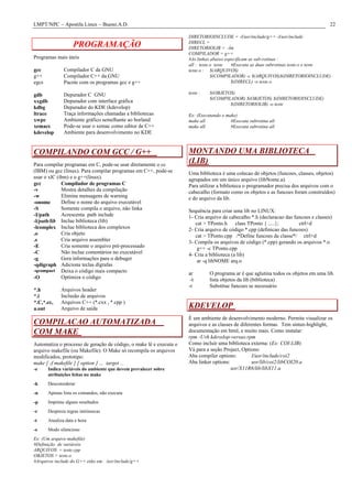 LMPT/NPC – Apostila Linux – Bueno.A.D. 22
PROGRAMAÇÃO
Programas mais úteis
gcc Compilador C da GNU
g++ Compilador C++ da GNU
egcs Pacote com os programas gcc e g++
gdb Depurador C GNU
xxgdb Depurador com interface gráfica
kdbg Depurador do KDE (kdevelop)
ltrace Traça informações chamadas a bibliotecas
xwpe Ambiente gráfico semelhante ao borland
xemacs Pode-se usar o xemac como editor de C++
kdevelop Ambiente para desenvolvimento no KDE
COMPILANDO COM GCC / G++
Para compilar programas em C, pode-se usar diretamente o cc
(IBM) ou gcc (linux). Para compilar programas em C++, pode-se
usar o xlC (ibm) e o g++(linux).
gcc Compilador de programas C
-v Mostra detalhes da compilação
-w Elimina mensagens de warning
-onome Define o nome do arquivo executável
-S Somente compila o arquivo, não linka
-I/path Acrescenta path include
-l/path/lib Inclue biblioteca (lib)
-lcomplex Inclue biblioteca dos complexos
.o Cria objeto
.s Cria arquivo assembler
-E Cria somente o arquivo pré-processado
-C Não inclue comentários no executável
-g Gera informações para o debuger
-qdigraph Adiciona teclas dígrafas
-qcompact Deixa o código mais compacto
-O Optimiza o código
*.h Arquivos header
*.i Inclusão de arquivos
*.C,*.cc, Arquivos C++ (*.cxx , *.cpp )
a.out Arquivo de saída
COMPILACAO AUTOMATIZADA
COM MAKE
Automatiza o processo de geração de código, o make lê e executa o
arquivo makefile (ou Makefile). O Make só recompila os arquivos
modificados, prototipo:
make [ -f makefile ] [ option ] ... target ...
-e Indica variáveis do ambiente que devem prevalecer sobre
atribuições feitas no make
-k Desconsiderar
-n Apenas lista os comandos, não executa
-p Imprime alguns resultados
-r Despreza regras intrinsecas
-t Atualiza data e hora
-s Modo silencioso
Ex: (Um arquivo makefile)
#Definição de variáveis
ARQUIVOS = teste.cpp
OBJETOS = teste.o
#Arquivos include do G++ etão em: /usr/include/g++
DIRETORIOINCLUDE = -I/usr/include/g++ -I/usr/include
DIRECL =
DIRETORIOLIB = -lm
COMPILADOR = g++
#As linhas abaixo especificam as sub-rotinas :
all : teste.o teste #Executa as duas subrotinas teste.o e teste
teste.o : $(ARQUIVOS)
$(COMPILADOR) -c $(ARQUIVOS)$(DIRETORIOINCLUDE)
$(DIRECL) -o teste.o
teste : $(OBJETOS)
$(COMPILADOR) $(OBJETOS) $(DIRETORIOINCLUDE)
$(DIRETORIOLIB) -o teste
Ex: (Executando o make)
make all #Executa subrotina all
make all #Executa subrotina all
MONTANDO UMA BIBLIOTECA
(LIB)
Uma biblioteca é uma colecao de objetos (funcoes, classes, objetos)
agrupados em um único arquivo (libNome.a).
Para utilizar a biblioteca o programador precisa dos arquivos com o
cabecalho (formato como os objetos e as funcoes foram construídos)
e do arquivo da lib.
Sequência para criar uma lib no LINUX:
1- Cria arquivo de cabecalho *.h (declaracao das funcoes e classes)
cat > TPonto.h class TPonto { .....}; ctrl+d
2- Cria arquivo de código *.cpp (definicao das funcoes)
cat > TPonto.cpp /*Define funcoes da classe*/ ctrl+d
3- Compila os arquivos de código (*.cpp) gerando os arquivos *.o
g++ -c TPonto.cpp
4- Cria a biblioteca (a lib)
ar -q libNOME arq.o
ar O programa ar é que aglutina todos os objetos em uma lib.
-t lista objetos da lib (biblioteca)
-r Substitue funcoes se necessário
KDEVELOP
É um ambiente de desenvolvimento moderno. Permite visualizar os
arquivos e as classes de diferentes formas. Tem sintax-highlight,
documentação em html, e muito mais. Como instalar:
rpm -Uvh kdevelop-versao.rpm
Como incluir uma biblioteca externa: (Ex: COI-LIB)
Vá para a seção Project, Options:
Aba compiler options: I/usr/include/coi2
Aba linker options: usr/lib/coi2/libCOI20.a
usr/X11R6/lib/libX11.a
 