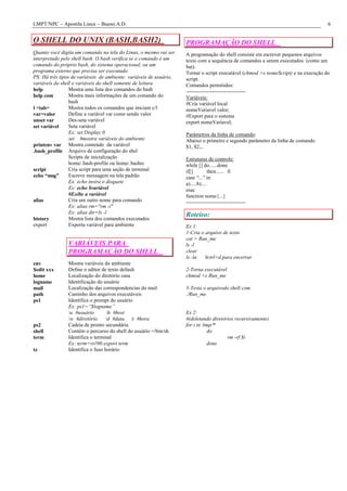 LMPT/NPC – Apostila Linux – Bueno.A.D. 6
O SHELL DO UNIX (BASH,BASH2)
Quanto você digita um comando na tela do Linux, o mesmo vai ser
interpretado pelo shell bash. O bash verifica se o comando é um
comando do próprio bash, do sistema operacional, ou um
programa externo que precisa ser executado.
PS: Há três tipos de variáveis de ambiente: variáveis de usuário,
variáveis do shell e variáveis do shell somente de leitura
help Mostra uma lista dos comandos do bash
help com Mostra mais informações de um comando do
bash
l <tab> Mostra todos os comandos que iniciam c/l
var=valor Define a variável var como sendo valor
unset var Des-seta variável
set variável Seta variável
Ex: set Display:0
set #mostra variáveis do ambiente
printenv var Mostra conteúdo da variável
.bash_profile Arquivo de configuração do shel
Scripts de inicialização
home/.bash-profile ou home/.bashrc
script Cria script para uma seção de terminal
echo “msg” Escreve mensagem na tela padrão
Ex: echo insira o disquete
Ex: echo $variável
#Exibe a variável
alias Cria um outro nome para comando
Ex: alias rm="rm -i"
Ex: alias dir=ls -l
history Mostra lista dos comandos executados
export Exporta variável para ambiente
VARIÁVEIS PARA
PROGRAMAÇÃO DO SHELL
env Mostra variáveis do ambiente
$edit xxx Define o editor de texto default
home Localização do diretório casa
logname Identificação do usuário
mail Localização das correspondencias do mail
path Caminho dos arquivos executáveis
ps1 Identifica o prompt do usuário
Ex: ps1=“$logname”
u #usuário h #host
w #diretório d #data t #hora
ps2 Cadeia de pronto secundária
shell Contém o percurso do shell do usuário =/bin/sh
term Identifica o terminal
Ex: term=vt100;export term
tz Identifica o fuso horário
PROGRAMAÇÃO DO SHELL
A programação do shell consiste em escrever pequenos arquivos
texto com a sequência de comandos a serem executados (como um
bat).
Tornar o script executável (chmod +x nomeScript) e na execução do
script.
Comandos permitidos:
----------------------------------
Variáveis:
#Cria variável local
nomeVariavel valor;
#Export para o sistema
export nomeVariavel;
Parâmetros da linha de comando:
Abaixo o primeiro e segundo parâmetro da linha de comando
$1, $2,..
Estruturas de controle:
while [] do......done
if[] then...... fi
case “...”in
a).....b)....
esac
function nome{...}
----------------------------------
Roteiro:
Ex 1:
1-Cria o arquivo de texto
cat > Run_me
ls -l
clear
ls -la #ctrl+d para encerrar
2-Torna executável
chmod +x Run_me
3-Testa o arquivodo shell com
./Run_me
Ex 2:
#(deletando diretórios recursivamente)
for i in /tmp/*
do
rm -rf $i
done
 