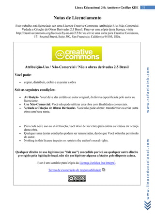 Linux Educacional 3.0: Ambiente Gráfico KDE        31


                               Notas de Licenciamento
Este trabalho está licenciado sob uma Licença Creative Commons Atribuição-Uso Não-Comercial-
     Vedada a Criação de Obras Derivadas 2.5 Brasil. Para ver uma cópia desta licença, visite
http://creativecommons.org/licenses/by-nc-nd/2.5/br/ ou envie uma carta para Creative Commons,
                171 Second Street, Suite 300, San Francisco, California 94105, USA.




       Atribuição-Uso / Não-Comercial / Não a obras derivadas 2.5 Brasil




                                                                                                         www.rafaelnink.com
Você pode:

      copiar, distribuir, exibir e executar a obra

Sob as seguintes condições:

      Atribuição. Você deve dar crédito ao autor original, da forma especificada pelo autor ou
      licenciante.
      Uso Não-Comercial. Você não pode utilizar esta obra com finalidades comerciais.
      Vedada a Criação de Obras Derivadas. Você não pode alterar, transformar ou criar outra
      obra com base nesta.



      Para cada novo uso ou distribuição, você deve deixar claro para outros os termos da licença
      desta obra.
      Qualquer uma destas condições podem ser renunciadas, desde que Você obtenha permissão
      do autor.


                                                                                                         www.linuxeducacional.com
      Nothing in this license impairs or restricts the author's moral rights.


Qualquer direito de uso legítimo (ou "fair use") concedido por lei, ou qualquer outro direito
 protegido pela legislação local, não são em hipótese alguma afetados pelo disposto acima.

                 Este é um sumário para leigos da Licença Jurídica (na íntegra).

                          Termo de exoneração de responsabilidade
 