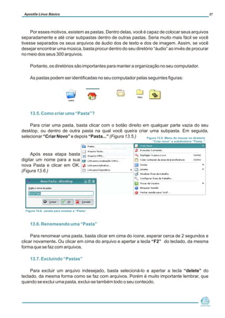 Por esses motivos, existem as pastas. Dentro delas, você é capaz de colocar seus arquivos
separadamente e até criar subpastas dentro de outras pastas. Seria muito mais fácil se você
tivesse separados os seus arquivos de áudio dos de texto e dos de imagem. Assim, se você
desejar encontrar uma música, basta procur dentro do seu diretório “áudio” ao invés de procurar
no meio dos seus 300 arquivos.
Portanto, os diretórios são importantes para manter a organização no seu computador.
As pastas podem ser identificadas no seu computador pelas seguintes figuras:
Para criar uma pasta, basta clicar com o botão direito em qualquer parte vazia do seu
desktop, ou dentro de outra pasta na qual você queira criar uma subpasta. Em seguida,
selecionar “Criar Novo” e depois “Pasta...” (Figura 13.5.)
Após essa etapa basta
digitar um nome para a sua
nova Pasta e clicar em OK.
(Figura 13.6.)
Para renomear uma pasta, basta clicar em cima do ícone, esperar cerca de 2 segundos e
clicar novamente. Ou clicar em cima do arquivo e apertar a tecla “F2” do teclado, da mesma
forma que se faz com arquivos.
Para excluir um arquivo indesejado, basta selecioná-lo e apertar a tecla “delete” do
teclado, da mesma forma como se faz com arquivos. Porém é muito importante lembrar, que
quando se exclui uma pasta, exclui-se também todo o seu conteúdo.
13.5. Como criar uma “Pasta”?
13.6. Renomeando uma “Pasta”
13.7. Excluindo “Pastas”
Núcleo de
Cidadania Digital
Apostila Linux Básico 27
Figura 13.5: Menu do mouse no diretório
“Criar novo” e subdiretório “Pasta..”
Figura 14.6: Janela para nomear a “Pasta”
 