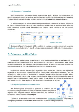 8.1. Usuários e Permissões:
cadeado
9.1. Organização de Diretórios no Linux
árvore de diretórios
Todo sistema Linux existe um usuário especial, que possui regalias na configuração das
contas dos demais usuários, tal como permissões para instalações ou remoções de programas.
Esse usuário é chamado de root, também conhecido como administrador do sistema.
As permissões para os usuários são da seguinte maneira: permissão de leitura, permissão
de escrita e permissão de execução. Sem contar com o root, todos os outros usuários possuem
essa permissão apenas para acessarem sua própria pasta pessoal e os dispositivos
removíveis.
Note que na figura 9.1 o usuário NCD é proibido de acessar as pastas dos demais usuários.
O na pasta demonstra isso. E note que a pasta do usuário NCD está livre para acesso.
Os sistemas operacionais, em especial o Linux, utilizam diretórios, ou pastas como são
mais conhecidas, para organizar os arquivos em um computador. Um diretório pode conter
arquivos e diretórios, que podem conter também arquivos e diretórios. Isso pode se estender
bastante. Pode-se ter, por exemplo, vinte diretórios, um dentro do outro.
Os diretórios servem, portanto, para organizar o disco rígido (HD). Graças a eles, é possível
organizar os arquivos mais importantes em um canto (para que não sejam alterados), agrupar
arquivos por dono, tipo ou da forma que for desejada. Uma comparação bem simples é feita
com o guarda roupa. Dentro dele, existem várias gavetas, onde são guardadas separadamente
(se você não for bagunceiro, é claro) cuecas, shorts, blusas, roupa de cama e calças. O mesmo
acontece com o HD, onde se guarda nos seus diretórios, todo tipo de arquivo.
Um diretório pode ter dados ou pode ter o conteúdo de um
dispositivo (partição no HD, disquete, CD-ROM). Assim, sempre que
alguém entra naquele diretório estará acessando, na verdade, o
dispositivo.Aisso chamamos montagem.
A estrutura de diretórios também é conhecida como , uma vez que
cada pasta pode criar seus “ramos”, formando uma árvore de cabeça para baixo.
Núcleo de
Cidadania Digital
Apostila Linux Básico 13
9. Estrutura de Diretórios
Figura 8.1 - Pasta Home
Figura 9.1
 