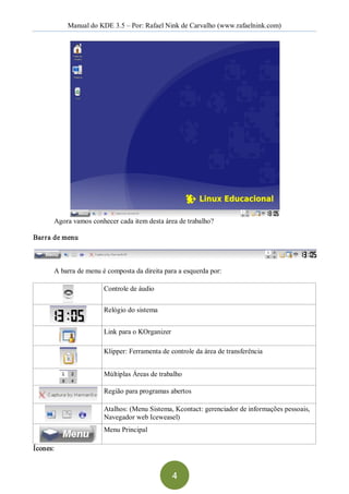 Manual do KDE 3.5 – Por: Rafael Nink de Carvalho (www.rafaelnink.com) 




      Agora vamos conhecer cada item desta área de trabalho? 

Bar ra de menu 



      A barra de menu é composta da direita para a esquerda por: 

                       Controle de áudio 


                       Relógio do sistema 


                       Link para o KOrganizer 

                       Klipper: Ferramenta de controle da área de transferência 


                       Múltiplas Áreas de trabalho 

                       Região para programas abertos 

                       Atalhos: (Menu Sistema, Kcontact: gerenciador de informações pessoais, 
                       Navegador web Iceweasel) 
                       Menu Principal 

Ícones:


                                               4 
 