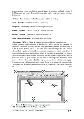 voluntariamente, com a coordenação necessária para se garantir a qualidade exigida. O
BrOffice.org é um pacote de escritório que reúne vários programas, dentre os quais
destacamos:

• Writer – Documento de Textos: Processador e Editor de Textos;

• Calc – Planilha Eletrônica: Planilhas Eletrônicas;

• Impress – Apresentação: Gerenciador de Apresentações;

• Draw – Desenho: Criação e Edição de Desenhos Vetoriais;

• Math – Fórmula: Construtor de Fórmulas Matemáticas;

• Base – Banco de Dados: Construtor de Banco de Dados;

• Documento HTML – Editor de Html: Construtor de Páginas para a Internet.
Muitas empresas estão adotando o BrOffice.org, pois o mesmo se enquadra em
programas chamados Softwares Livres. Estes programas possuem licenças como a
LGPL (General PublicLicence – consulte www.softwarelivre.gov.br para maiores
informações) e pode ser instalado em quantos computadores sejam necessários. A
economia é bastante significativa, já que o líder de mercado, não possuindo esta licença,
quase que obriga aos seus usuários adquirirem outras cópias do seu pacote ou licenças
para dar o direito de quem compra usar em mais de um computador. Em várias outras
partes do Brasil e do mundo, o BrOffice.org vem conquistando cada vez mais espaço.
Seja nas empresas públicas, empresas privadas, Ong´s, governos de todo o mundo todos
comprovam que além de economicamente viável, o BrOffice.org é seguro e muito fácil
de                                                                                  usar.




•01 – Barra de Título: nome do arquivo e do programa;
 • 02 – Barra de Menu: vai de Arquivo até Ajuda;

Linux Educacional 3.0: Ambiente Gráfico KDE                                       12
 