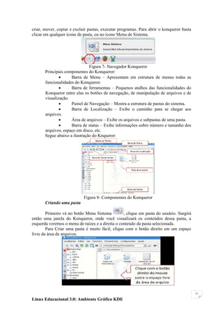 criar, mover, copiar e excluir pastas, executar programas. Para abrir o konqueror basta
clicar em qualquer ícone de pasta, ou no ícone Menu de Sistema.




                               Figura 7- Navegador Konqueror
       Principais componentes do Konqueror:
                    Barra de Menu – Apresentam em estrutura de menus todas as
       funcionalidades do Konqueror.
                    Barra de ferramentas – Pequenos atalhos das funcionalidades do
       Konqueror entre elas os botões de navegação, de manipulação de arquivos e de
       visualização.
                    Painel de Navegação – Mostra a estrutura de pastas do sistema.
                    Barra de Localização – Exibe o caminho para se chegar aos
       arquivos.
                    Área de arquivos – Exibe os arquivos e subpastas de uma pasta.
                    Barra de status – Exibe informações sobre número e tamanho dos
       arquivos, espaço em disco, etc.
       Segue abaixo a ilustração do Knqueror:




                            Figura 8- Componentes do Konqueror
       Criando uma pasta

        Primeiro vá no botão Menu Sistema         , clique em pasta do usuário. Surgirá
então uma janela do Konqueror, onde você visualizará os conteúdos dessa pasta, a
esquerda veremos o menu de raízes e a direita o conteúdo da pasta selecionada.
        Para Criar uma pasta é muito fácil, clique com o botão direito em um espaço
livre da área de arquivos.




                                                                                          11

Linux Educacional 3.0: Ambiente Gráfico KDE
 