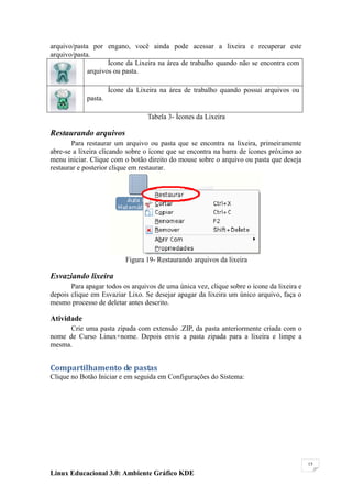 arquivo/pasta por engano, você ainda pode acessar a lixeira e recuperar este
arquivo/pasta.
                    Ícone da Lixeira na área de trabalho quando não se encontra com
             arquivos ou pasta.

                     Ícone da Lixeira na área de trabalho quando possui arquivos ou
            pasta.

                                  Tabela 3- Ícones da Lixeira

Restaurando arquivos
        Para restaurar um arquivo ou pasta que se encontra na lixeira, primeiramente
abre-se a lixeira clicando sobre o ícone que se encontra na barra de ícones próximo ao
menu iniciar. Clique com o botão direito do mouse sobre o arquivo ou pasta que deseja
restaurar e posterior clique em restaurar.




                          Figura 19- Restaurando arquivos da lixeira

Esvaziando lixeira
       Para apagar todos os arquivos de uma única vez, clique sobre o ícone da lixeira e
depois clique em Esvaziar Lixo. Se desejar apagar da lixeira um único arquivo, faça o
mesmo processo de deletar antes descrito.

Atividade
      Crie uma pasta zipada com extensão .ZIP, da pasta anteriormente criada com o
nome de Curso Linux+nome. Depois envie a pasta zipada para a lixeira e limpe a
mesma.


Compartilhamento de pastas
Clique no Botão Iniciar e em seguida em Configurações do Sistema:




                                                                                           15

Linux Educacional 3.0: Ambiente Gráfico KDE
 