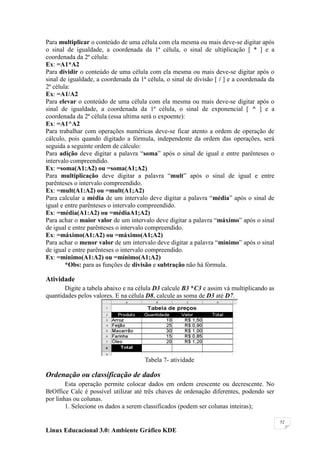 Para multiplicar o conteúdo de uma célula com ela mesma ou mais deve-se digitar após
o sinal de igualdade, a coordenada da 1ª célula, o sinal de ultiplicação [ * ] e a
coordenada da 2ª célula:
Ex: =A1*A2
Para dividir o conteúdo de uma célula com ela mesma ou mais deve-se digitar após o
sinal de igualdade, a coordenada da 1ª célula, o sinal de divisão [ / ] e a coordenada da
2ª célula:
Ex: =A1/A2
Para elevar o conteúdo de uma célula com ela mesma ou mais deve-se digitar após o
sinal de igualdade, a coordenada da 1ª célula, o sinal de exponencial [ ^ ] e a
coordenada da 2ª célula (essa ultima será o expoente):
Ex: =A1^A2
Para trabalhar com operações numéricas deve-se ficar atento a ordem de operação de
cálculo, pois quando digitado a fórmula, independente da ordem das operações, será
seguida a seguinte ordem de cálculo:
Para adição deve digitar a palavra ―soma‖ após o sinal de igual e entre parênteses o
intervalo compreendido.
Ex: =soma(A1:A2) ou =soma(A1;A2)
Para multiplicação deve digitar a palavra ―mult‖ após o sinal de igual e entre
parênteses o intervalo compreendido.
Ex: =mult(A1:A2) ou =mult(A1;A2)
Para calcular a média de um intervalo deve digitar a palavra ―média‖ após o sinal de
igual e entre parênteses o intervalo compreendido.
Ex: =média(A1:A2) ou =médiaA1;A2)
Para achar o maior valor de um intervalo deve digitar a palavra ―máximo‖ após o sinal
de igual e entre parênteses o intervalo compreendido.
Ex: =máximo(A1:A2) ou =máximo(A1;A2)
Para achar o menor valor de um intervalo deve digitar a palavra ―mínimo‖ após o sinal
de igual e entre parênteses o intervalo compreendido.
Ex: =mínimo(A1:A2) ou =mínimo(A1;A2)
        *Obs: para as funções de divisão e subtração não há fórmula.

Atividade
       Digite a tabela abaixo e na célula D3 calcule B3 *C3 e assim vá multiplicando as
quantidades pelos valores. E na célula D8, calcule as soma de D3 até D7.




                                      Tabela 7- atividade

Ordenação ou classificação de dados
        Esta operação permite colocar dados em ordem crescente ou decrescente. No
BrOffice Calc é possível utilizar até três chaves de ordenação diferentes, podendo ser
por linhas ou colunas.
        1. Selecione os dados a serem classificados (podem ser colunas inteiras);

                                                                                            52

Linux Educacional 3.0: Ambiente Gráfico KDE
 