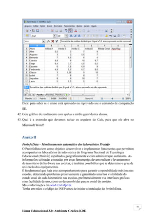 Dica: para saber se o aluno está aprovado ou reprovado use o comando de comparação
   SE.
42. Gere gráfico de rendimento com apelas a média geral destes alunos.
43. Qual é a extensão que devemos salvar os arquivos do Calc, para que ele abra no
   Microsoft Word?


   Anexo II
   ProinfoData – Monitoramento automático dos laboratórios Proinfo
   O ProinfoData tem como objetivo desenvolver e implementar ferramentas que permitam
   acompanhar os laboratórios de informática do Programa Nacional de Tecnologia
   Educacional (Proinfo) espalhados geograficamente e com administração autônoma. As
   informações coletadas e tratadas por estas ferramentas devem realizar o levantamento
   do inventário de hardware nas escolas, e também possibilitar que se determine o grau de
   utilização dos equipamentos.
   É fundamental que haja este acompanhamento para garantir a operabilidade máxima nas
   escolas, detectando problemas proativamente e garantindo uma boa visibilidade do
   estado atual de cada laboratório nas escolas, preferencialmente via interfaces gráficas
   com facilidade de uso, como as desenvolvidas para o portal do projeto.
   Mais informações em seed.c3sl.ufpr.br.
   Tenha em mãos o código do INEP antes de iniciar a instalação do ProinfoData.




                                                                                             70

   Linux Educacional 3.0: Ambiente Gráfico KDE
 