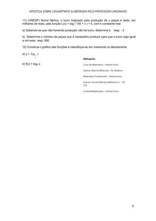 APOSTILA SOBRE LOGARITMOS-ELABORADA PELO PROFESSOR CARLINHOS
8
11) (UNESP) Numa fábrica, o lucro originado pela produção de x peças é dado, em
milhares de reais, pela função L(x) = log ( 100 + x ) + k, com k constante real.
a) Sabendo-se que não havendo produção não há lucro, determine k. resp: - 2
b) Determine o número de peças que é necessário produzir para que o lucro seja igual
a mil reais. resp: 900
12) Construa o gráfico das funções e classifique-as em crescente ou decrescente.
a) y = x
3
1log
b) f(x) = log5 x
Bibliografia:
Curso de Matemática – Volume Único
Autores: Bianchini&Paccola – Ed. Moderna
Matemática Fundamental - Volume Único
Autores: Giovanni/Bonjorno&Givanni Jr. – Ed.
FTD
Contexto&Aplicações – Volume Único
 