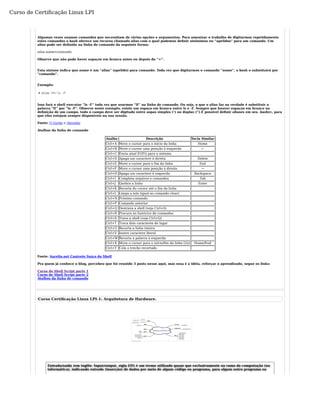 Curso de Certificação Linux LPI 
Algumas vezes usamos comandos que necessitam de várias opções e argumentos. Para amenizar o trabalho de digitarmos repetidamente 
estes comandos o bash oferece um recurso chamado alias com o qual podemos definir sinônimos ou “apelidos” para um comando. Um 
alias pode ser definido na linha de comando da seguinte forma: 
alias nome=comando 
Observe que não pode haver espaços em branco antes ou depois do “=”. 
Esta sintaxe indica que nome é um “alias” (apelido) para comando. Toda vez que digitarmos o comando “nome”, o bash o substituirá por 
“comando”. 
Exemplo: 
# alias lf='ls -F' 
Isso fará o shell executar “ls -F” toda vez que usarmos “lf” na linha de comando. Ou seja, o que o alias faz na verdade é substituir a 
palavra “lf” por “ls -F”. Observe neste exemplo, existe um espaço em branco entre ls e -F. Sempre que houver espaços em branco na 
definição de um campo, todo o campo deve ser digitado entre aspas simples (‘) ou duplas (“).É possível definir aliases em seu .bashrc, para 
que eles estejam sempre disponíveis na sua sessão. 
Fonte: O Gordo e rberaldo 
Atalhos da linha de comando 
Atalho Descrição Tecla Similar 
Ctrl+A Move o cursor para o início da linha Home 
Ctrl+B Move o cursor uma posição à esquerda ← 
Ctrl+C Envia sinal EOF() para o sistema 
Ctrl+D Apaga um caractere à direita Delete 
Ctrl+E Move o cursor para o fim da linha End 
Ctrl+F Move o cursor uma posição à direita → 
Ctrl+H Apaga um caractere à esquerda Backspace 
Ctrl+I Completa arquivos e comandos Tab 
Ctrl+J Quebra a linha Enter 
Ctrl+K Recorta do cursor até o fim da linha 
Ctrl+L Limpa a tela (igual ao comando clear) 
Ctrl+N Próximo comando 
Ctrl+P Comando anterior 
Ctrl+Q Destrava a shell (veja Ctrl+S) 
Ctrl+R Procura no histórico de comandos 
Ctrl+S Trava a shell (veja Ctrl+Q) 
Ctrl+T Troca dois caracteres de lugar 
Ctrl+U Recorta a linha inteira 
Ctrl+V Insere caractere literal 
Ctrl+W Recorta a palavra à esquerda 
Ctrl+X Move o cursor para o início/fim da linha (2x) Home/End 
Ctrl+Y Cola o trecho recortado 
Fonte: Aurelio.net Canivete Suíço do Shell 
Pra quem já conhece o blog, percebeu que foi reunido 3 posts nesse aqui, mas essa é a idéia, reforçar o aprendizado, segue os links: 
Curso de Shell Script parte 1 
Curso de Shell Script parte 2 
Atalhos da linha de comando 
Curso Certificação Linux LPI-1: Arquitetura de Hardware. 
Entrada/saída (em inglês: Input/output, sigla I/O) é um termo utilizado quase que exclusivamente no ramo da computação (ou 
informática), indicando entrada (inserção) de dados por meio de algum código ou programa, para algum outro programa ou 
 