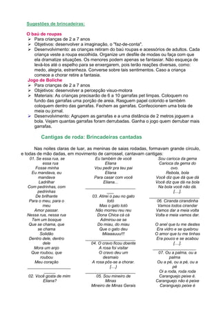 Sugestões de brincadeiras:

  O baú de roupas
     Para crianças de 2 a 7 anos
     Objetivos: desenvolver a imaginação, o "faz-de-conta".
     Desenvolvimento: as crianças retiram do baú roupas e acessórios de adultos. Cada
     criança veste a roupa escolhida. Organize um desfile de modas ou faça com que
     ela dramatize situações. Os menores podem apenas se fantasiar. Não esqueça de
     levá-los até o espelho para se enxergarem, pois terão reações diversas, como:
     medo, alegria, estranheza. Converse sobre tais sentimentos. Caso a criança
     comece a chorar retire a fantasia.
  Jogo de Boliche
     Para crianças de 2 a 7 anos
     Objetivos: desenvolver a percepção visuo-motora
     Materiais: As crianças precisarão de 6 a 10 garrafas pet limpas. Coloquem no
     fundo das garrafas uma porção de areia. Rasguem papel colorido e também
     coloquem dentro das garrafas. Fechem as garrafas. Confeccionem uma bola de
     meia ou jornal.
     Desenvolvimento: Agrupem as garrafas e a uma distância de 2 metros joguem a
     bola. Vejam quantas garrafas foram derrubadas. Ganha o jogo quem derrubar mais
     garrafas.

         Cantigas de roda: Brincadeiras cantadas

      Nas noites claras de luar, as meninas de saias rodadas, formavam grande círculo,
e todas de mão dadas, em movimento de carrossel, cantavam cantigas:
   01. Se essa rua, se             Eu também de você              Sou carioca da gema
          essa rua                        Eliana                  Carioca da gema do
      Fosse minha                  Vou pedir pra teu pai                 ovo.
    Eu mandava, eu                        Eliana                      Rebola, bola
        mandava                    Para casar com você          Você diz que dá que dá
        Ladrilhar                       Eliana...               Você diz que dá na bola
  Com pedrinhas, com           ______________________             Na bola você não dá.
       pedrinhas                           ___                            [....].
      De brilhante                03. Atirei o pau no gato   ______________________
   Para o meu, para o                      totó                  06. Ciranda cirandinha
          meu                         Mas o gato totó            Vamos todos cirandar
     Amor passar.                   Não morreu reu reu          Vamos dar a meia volta
  Nessa rua, nessa rua               Dona Chica cá cá           Volta e meia vamos dar.
    Tem um bosque                     Admirou-se se
   Que se chama, que                 Do miau, do miau           O anel que tu me destes
        se chama                      Que o gato deu             Era vidro e se quebrou
         Solidão                        Miiaaauuu!!!            O amor que tu me tinhas
   Dentro dele, dentro         ______________________           Era pouco e se acabou
           dele                  04. O cravo ficou doente                 [....].
     Mora um anjo                     A rosa foi visitar       ___________________
    Que roubou, que                   O cravo deu um              07. Ou a palma, ou a
         roubou                         desmaio                         palma
      Meu coração                 A rosa pôs-se a chorar.        Ou a pé, ou a pé, ou a
  ___________________                        [....}                       pé
            _____              ______________________             Oi a roda, roda roda
  02. Você gosta de mim             05. Sou mineiro de            Caranguejo peixe é.
           Eliana?                        Minas                 Caranguejo não é peixe
                                 Mineiro de Minas Gerais           Caranguejo peixe é
 