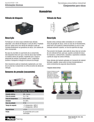 Tecnologia pneumática industrial
Componentes para vácuo

Apostila M1001-1 BR

Informações técnicas

Acessórios
Válvula de bloqueio

Válvula de fluxo

Descrição

Descrição

Formada por um único corpo contendo duas válvulas
separadas: uma válvula de bloqueio e outra de alívio. Projetada
para ser usada como uma válvula de retenção e pode ser
montada diretamente nos geradores de vácuo, com sistema de
alívio incorporado.

Quando várias ventosas estão conectadas em um sistema
único de geração de vácuo, como no caso de um levantamento,
pode haver uma queda do material levantado se uma ou mais
ventosas estiverem vazando, ou fora da superfície da carga.
Para prevenir tal situação, cada saída de vácuo deve ser provida
de uma válvula de fluxo, para que, quando a pressão de vácuo
for excessiva, a válvula feche, cessando o vazamento e evitando
a perda de carga nas outras ventosas.

No caso de uma falha no suprimento de ar comprimido,
este dispositivo fará com que o nível de vácuo seja mantido
no sistema interno do gerador, impedindo que a carga se
desprenda da ventosa, aumentando, assim, a segurança
durante o transporte e redução do consumo de energia.

Estas válvulas são bastante aplicadas em transporte de material
laminado, papelão, caixas sobre correias transportadoras e
onde os tamanhos da carga são desconhecidos.

Este mecanismo pode ser desativado rapidamente, por meio
de um sinal de ar comprimido no orifício de alívio da válvula de
retenção.

• Esquema válvula de fluxo

Sensores de pressão (vacuostato)

A válvula limitadora de vazão
impede que o vazamento
desta ventosa reduza a
capacidade de sustentação
das demais e a peça pode ser
movimentada normalmente.

Características técnicas
Conexão elétrica	
Faixa de pressão	

M8 - 4 pinos
0 a -1 bar

Faixa de temperatura	

0°C a +50°C

Umidade	

35 a 85%

Grau de proteção	

IP 65

Tempo de resposta	
		

 2 milisegundos = MPS-2
 1 milisegundos = MPS-6

Repetibilidade	

≤ 0,2%

Fluido	
		

Ar comprimido com ou sem
lubrificação
100

Training

Parker Hannifin Ind. Com. Ltda.
Jacareí, SP - Brasil

 