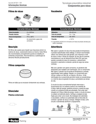 Tecnologia pneumática industrial
Componentes para vácuo

Apostila M1001-1 BR

Informações técnicas

Vacuômetro

Filtros de vácuo

Características técnicas

Características técnicas

Faixa de pressão	
Pressão máxima	

0 a -0,95 bar
5 bar

Diâmetros	
Faixa de pressão	

40 e 63 mm
0 a - 1 bar

Faixa de temperatura	

0°C a +60°C

Faixa de temperatura	

Até +60°C

Fluido	
		

Ar comprimido e gases não
corrosivos

Precisão	

± 1,6 %

O vacuômetro de Ø 63 mm é fornecido com faixas de pressão coloridas para
melhor visualização.

Descrição

Advertência

Os filtros são usados para impedir que impurezas entrem no
sistema de vácuo, ocasionando danos ao mesmo. Estes filtros
são recomendados principalmente quando se trabalha em
ambientes empoeirados. Recomendamos a substituição do
elemento filtrante periodicamente.

Não operar o gerador de vácuo fora das escalas de temperatura
e pressão especificadas neste catálogo. É sempre recomendado
utilizar uma ventosa para cada gerador, isso maximiza o nível
de vácuo e reduz o tempo de resposta. Se isso não for possível,
recomenda-se o uso da válvula de fluxo Série FSV, para que,
quando a pressão de vácuo for excessiva, a válvula feche,
cessando o vazamento e evitando a perda de carga nas outras
ventosas.

Filtros compactos

Não use o gerador com gases corrosivos, os geradores são
designados para trabalhar sem lubrificação, com ar comprimido.
Não operar o gerador fora da escala de temperatura e pressão,
especificadas neste catálogo. Regular o ar comprimido para
4,8 bar e utilizar um filtro de, no máximo, 40 micra. A não
lubrificação do ar comprimido permitirá manter as características
e o nível de vácuo do gerador de vácuo, aumentando seu tempo
de vida.

Filtros em latão que se encaixam diretamente nas ventosas.

O circuito de vácuo normalmente fechado interrompe o
fornecimento de ar no sistema (venturi) nos instantes de
E-Stop e falha de energia, podendo provocar a queda da carga,
criando um ambiente de alta periculosidade. Para evitar esta
situação em E-Stop e falha de energia, manter o circuito de vácuo
no estado normalmente aberto. Verifique a isolação de toda
fiação para evitar curto cicuito. Na instalação dos solenóides
e vacuostatos, verificar se a polaridade está correta antes de
conectar o gerador de vácuo à energia. Voltagem errada, curto
circuito e sobretensão danificam o equipamento.

Silenciador
Plástico sinterizado

101

Training

Parker Hannifin Ind. Com. Ltda.
Jacareí, SP - Brasil

 