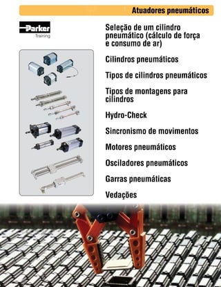 Atuadores pneumáticos
Training

Seleção de um cilindro
pneumático (cálculo de força
e consumo de ar)
Cilindros pneumáticos
Tipos de cilindros pneumáticos
Tipos de montagens para
cilindros
Hydro-Check
Sincronismo de movimentos
Motores pneumáticos
Osciladores pneumáticos
Garras pneumáticas
Vedações

 