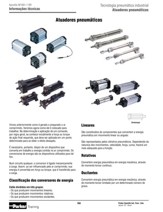 Tecnologia pneumática industrial
Atuadores pneumáticos

Apostila M1001-1 BR

Informações técnicas

Atuadores pneumáticos

Lineares

Vimos anteriormente como é gerado e preparado o ar
comprimido. Veremos agora como ele é colocado para
trabalhar. Na determinação e aplicação de um comando,
por regra geral, se conhece inicialmente a força ou torque
de ação final requerida, que deve ser aplicada em um ponto
determinado para se obter o efeito desejado.

Simbologia

São constituídos de componentes que convertem a energia
pneumática em movimento linear ou angular.
São representados pelos cilindros pneumáticos. Dependendo da
natureza dos movimentos, velocidade, força, curso, haverá um
mais adequado para a função.

É necessário, portanto, dispor de um dispositivo que
converta em trabalho a energia contida no ar comprimido. Os
conversores de energia são os dispositivos utilizados para tal
fim.

Rotativos

Num circuito qualquer, o conversor é ligado mecanicamente
à carga. Assim, ao ser influenciado pelo ar comprimido, sua
energia é convertida em força ou torque, que é transferido para
a carga.

Convertem energia pneumática em energia mecânica, através
de momento torsor contínuo.

Classificação dos conversores de energia

Convertem energia pneumática em energia mecânica, através
de momento torsor limitado por um determinado número de
graus.

Oscilantes

Estão divididos em três grupos:
- Os que produzem movimentos lineares;
- Os que produzem movimentos rotativos;
- Os que produzem movimentos oscilantes.
104

Training

Parker Hannifin Ind. Com. Ltda.
Jacareí, SP - Brasil

 