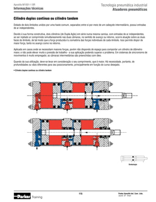 Tecnologia pneumática industrial
Atuadores pneumáticos

Apostila M1001-1 BR

Informações técnicas

Cilindro duplex contínuo ou cilindro tandem
Dotado de dois êmbolos unidos por uma haste comum, separados entre si por meio de um cabeçote intermediário, possui entradas
de ar independentes.
Devido à sua forma construtiva, dois cilindros (de Dupla Ação) em série numa mesma camisa, com entradas de ar independentes,
ao ser injetado ar comprimido simultaneamente nas duas câmaras, no sentido de avanço ou retorno, ocorre atuação sobre as duas
faces do êmbolo, de tal modo que a força produzida é a somatória das forças individuais de cada êmbolo. Isso permite dispor de
maior força, tanto no avanço como no retorno.
Aplicado em casos onde se necessitam maiores forças, porém não dispondo de espaço para comportar um cilindro de diâmetro
maior, e não pode elevar muito a pressão de trabalho - a sua aplicação podendo superar o problema. Em sistemas de sincronismo de
movimentos é muito empregado; as câmaras intermediárias são preenchidas com óleo.
Quando da sua utilização, deve-se levar em consideração o seu comprimento, que é maior. Há necessidade, portanto, de
profundidades ou vãos diferentes para seu posicionamento, principalmente em função do curso desejado.
• Cilindro duplex contínuo ou cilindro tandem

Simbologia

115

Training

Parker Hannifin Ind. Com. Ltda.
Jacareí, SP - Brasil

 