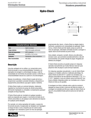 Tecnologia pneumática industrial
Atuadores pneumáticos

Apostila M1001-1 BR

Informações técnicas

Hydro-Check

Simbologia

propriamente dita. Assim, o Hydro-Check se adapta rápido e
facilmente, ajustando-se às necessidades de aplicação. Desta
forma, o Hydro-Check permite rápido avanço ao ponto de
início da operação, velocidade controlada durante a usinagem e
rápido retorno da ferramenta ao ponto inicial.

Características técnicas
Tipo	

Ação no avanço

Carga máxima	

Vide informações adicionais

Faixa de temperatura	

50°C (máxima)

Velocidade	

de 0,025 a 15,3 m/min

Vedações	

Resistentes a óleos hidráulicos

Óleo recomendado	

ISO VG32

Esta unidade, compacta e versátil, oferece uma alternativa
de baixo custo, que aumentará consideravelmente a vida útil
de ferramentas com grande redução de peças refugadas por
defeitos de usinagem.
O Hydro-Check encontra um grande campo em máquinas
operadas manualmente que muitas fábricas reservam para
pequenos lotes de peças ou para serviços especiais.

Descrição
Uma das vantagens em se utilizar o ar comprimido como
fonte de energia é a sua compressibilidade. Entretanto, em
operações de usinagem ou alimentação de peças, onde há
necessidade de movimentos de precisão suaves e uniformes, a
compressibilidade natural do ar pode ser uma desvantagem.

Em máquinas operadas manualmente, o uso do Hydro-Check
assegura um trabalho uniforme e inalterado pela fadiga. Os
Hydro-Checks da Série B171-1 podem ser montados com
cilindros pneumáticos de três diâmetros diferentes (1 1/2, 2 e
2 1/2)*, podendo o curso do cilindro variar de 50 até 457 mm.
Essas unidades integradas podem ser montadas com o HydroCheck em linha ou em paralelo.

Nessas circunstâncias, o Hydro-Check é usado de forma a
proporcionar suavidade e precisão hidráulica a dispositivos e
equipamentos pneumáticos cuja ação é rápida e resiliente.

A montagem em linha é utilizada onde a ação de controle é
desejada ao longo de todo o percurso da haste do cilindro. A
montagem em paralelo permite que a ação do Hydro-Check se
faça em uma predeterminada parte do percurso da haste do
cilindro.

O Hidro-Check impõe um controle hidráulico, totalmente
regulável ao movimento de avanço do cilindro pneumático,
eliminando trepidações ou vibrações e compensando quaisquer
variações na força requerida.
O Hydro-Check pode ser montado em qualquer posição e
pode ser preparado para regular o movimento da haste de um
cilindro pneumático ou de qualquer outro elemento de máquina
em qualquer ponto desejado.
Por exemplo, em certas operações de furação, o avanço da
ferramenta durante a furação pode ser desejado com regulagem
ao longo de todo o curso, enquanto que em outros casos
a regulagem só é necessária a partir do início da operação
121

Training

Parker Hannifin Ind. Com. Ltda.
Jacareí, SP - Brasil

 