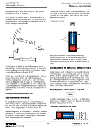 Tecnologia pneumática industrial
Atuadores pneumáticos

Apostila M1001-1 BR

Informações técnicas
Considere-se a figura acima, onde o braço (A) deve girar um
certo ângulo ao redor de um pivô B.

Desta forma, tornam-se difíceis paradas intermediárias a fim
de carregar ou descarregar uma carga, pois o pistão move-se
(supondo para cima) devido à elasticidade do ar e à inércia
adquirida pelo conjunto.

Se for aplicado um cilindro, como foi visto anteriormente, a
força F produzida, agindo sobre o braço A e com o aumento do
ângulo de rotação, criará novas forças que afetarão a haste do
cilindro, causando sua inutilização.

• Deslocamento na vertical

F
Fatr.

P
F

Far

F1
F

A força do cilindro deve ser maior do que a da carga
aproximadamente 25%, no caso de aplicações grosseiras.
Para obter-se alta velocidade de avanço, o cilindro precisa
desenvolver pelo menos duas vezes a força de resistência da
carga.

F

O cilindro deve ser dotado de articulação para esse tipo de
aplicação. Para se obterem ótimos rendimentos no sistema de
transformação do movimento retilíneo em movimento circular,
é aconselhável não superar ângulos de 90°.

Deslocamento na horizontal com aderência
Este processo é aceito em trabalhos que necessitam de uma
velocidade rápida e não controlada, e em casos de pequenos
atritos. Em casos onde houver grande atrito e avanço lento
de carga, é aconselhável usar um sistema de ar-óleo. A força
que o cilindro precisa desenvolver nessa posição, em serviço
levemente lubrificado, será de mais ou menos 1/2 a 3/4 do
peso da carga para romper o ponto de estática, necessitando de
menos força quando em movimento.

Sempre que o curso da haste for demasiado longo e o cilindro
pesado, é ideal que o cilindro seja fixado pelo cabeçote
dianteiro, para equilibrar o peso quando a haste estiver toda
distendida. O tipo adequado de fixação de um cilindro fornece
maior flexibilidade na sua instalação, bem como auxilia a evitar
o problema de flexão e flambagem da haste. Para cada local de
posicionamento, deve ser feito um estudo visando economia e
segurança.

A força exigida para o deslocamento da carga será:

• Consideração sobre diversas aplicações de força

F = Px µ

Deslocamento na vertical

sendo F a força exigida, P o peso da carga e µ coeficiente das
superfícies em contato. Os valores de µ dependem da natureza
do estado das superfícies de atrito.

No caso de deslocamento de peso na vertical, antes que o
pistão possa se mover, a pressão do ar deve ter valor suficiente
para gerar uma força, para vencer as resistências impostas pela
carga e o atrito das guarnições do êmbolo, mancal, etc.

• Deslocamento na horizontal com atrito aderente

Depois que a pressão do ar na câmara C1 equilibrou o peso e as
resistências, se a pressão do ar ou a reação da carga aumentar
ou diminuir, o pistão começará a mover-se para cima ou para
baixo, até haver o equilíbrio novamente.

F
Fatr.

126

Training

P

Parker Hannifin Ind. Com. Ltda.
Jacareí, SP - Brasil

 