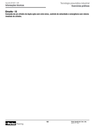 Tecnologia pneumática industrial
Exercícios práticos

Apostila M1001-1 BR

Informações técnicas

Circuito - 13

Comando de um cilindro de dupla ação com ciclo único, controle de velocidade e emergência com retorno
imediato do cilindro.

150

Training

Parker Hannifin Ind. Com. Ltda.
Jacareí, SP - Brasil

 