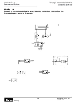 Tecnologia pneumática industrial
Exercícios práticos

Apostila M1001-1 BR

Informações técnicas

Circuito - 19

Comando de um cilindro de dupla ação, avanço acelerado, retorno lento, ciclo contínuo, com
temporização para o retorno de 10 segundos.

156

Training

Parker Hannifin Ind. Com. Ltda.
Jacareí, SP - Brasil

 