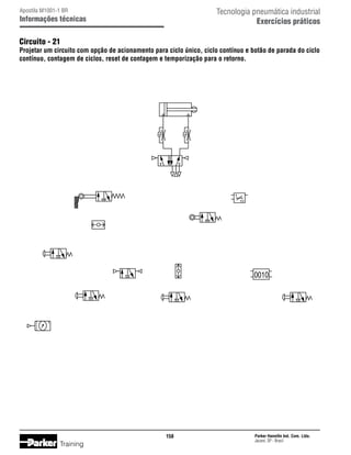Tecnologia pneumática industrial
Exercícios práticos

Apostila M1001-1 BR

Informações técnicas

Circuito - 21

Projetar um circuito com opção de acionamento para ciclo único, ciclo contínuo e botão de parada do ciclo
contínuo, contagem de ciclos, reset de contagem e temporização para o retorno.

t
10

0010

158

Training

Parker Hannifin Ind. Com. Ltda.
Jacareí, SP - Brasil

 