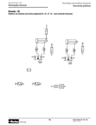 Tecnologia pneumática industrial
Exercícios práticos

Apostila M1001-1 BR

Informações técnicas

Circuito - 22

Elaborar um sistema com forma seqüencial A + B + A - B -, com comando bimanual.

159

Training

Parker Hannifin Ind. Com. Ltda.
Jacareí, SP - Brasil

 