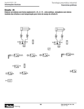 Tecnologia pneumática industrial
Exercícios práticos

Apostila M1001-1 BR

Informações técnicas

Circuito - 23

Elaborar um sistema com forma seqüencial A + B + A - B -, ciclo contínuo, emergência com retorno
imediata dos cilindros e com temporização para início de avanço do cilindro B.

160

Training

Parker Hannifin Ind. Com. Ltda.
Jacareí, SP - Brasil

 